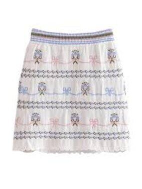 Sweet Women Autumn White Blue Flower Knitted High Waist Mini Skirt